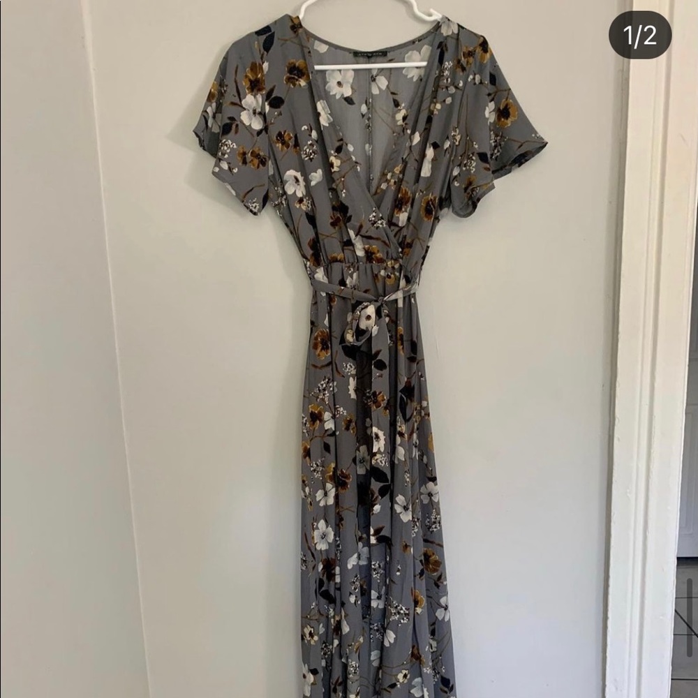 Hi-low grey floral maxi dress
